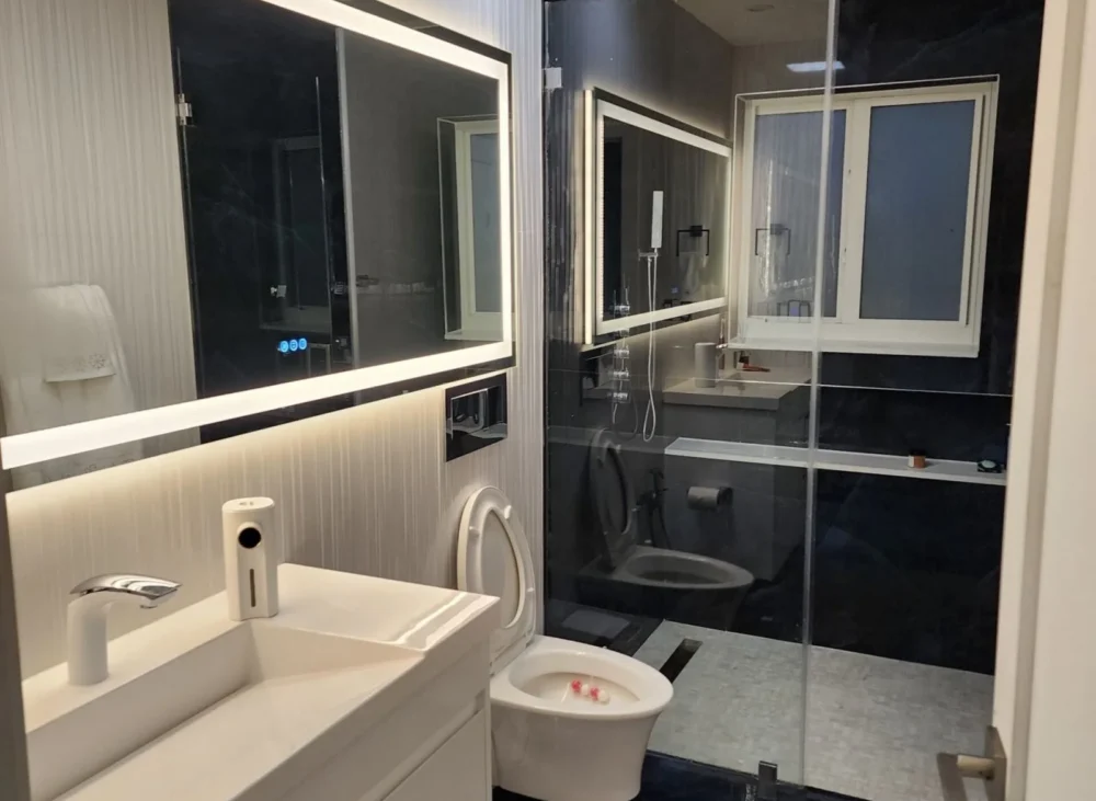 Modern bathroom renovation Miami blue white